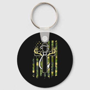 Hunting Fishing Faith Cross Deer Antlers American Key Ring