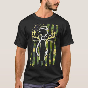 Hunting Fishing Faith Cross Deer Antlers American  T-Shirt