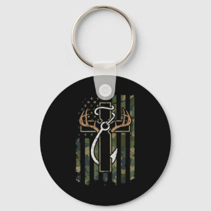 Hunting Fishing Faith Deer Antlers Cross Hook Chri Key Ring