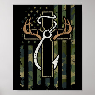Hunting Fishing Faith Deer Antlers Cross Hook Chri Poster