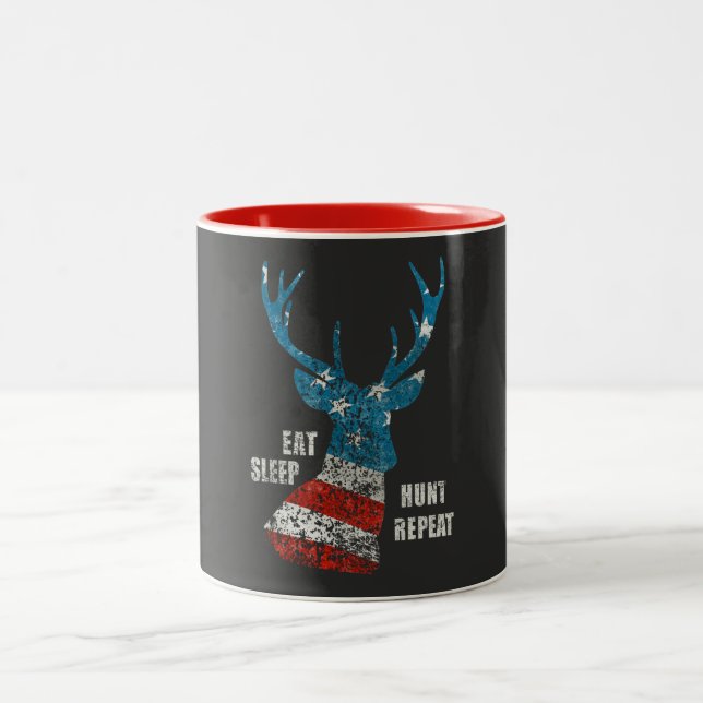 Hunting Gift Eat Sleep Hunt Repeat USA Flag Cool Two-Tone Coffee Mug (Center)