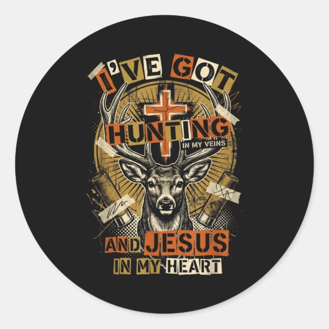 Hunting In My Veins Jesus In Heart Christian Deer  Classic Round Sticker (Front)
