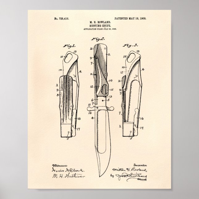 Hunting Knife 1903 Patent Art Old Peper Poster (Front)
