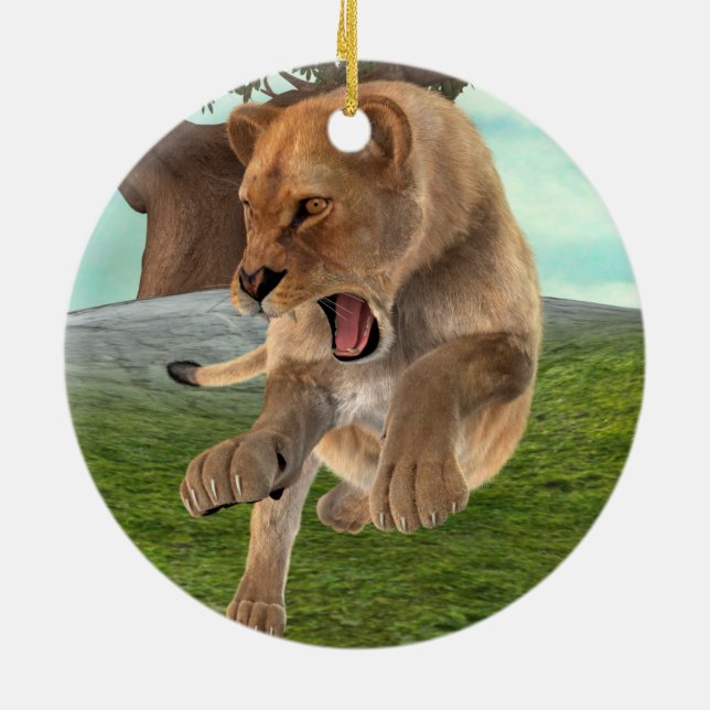 Hunting Lioness Ceramic Tree Decoration (Back)