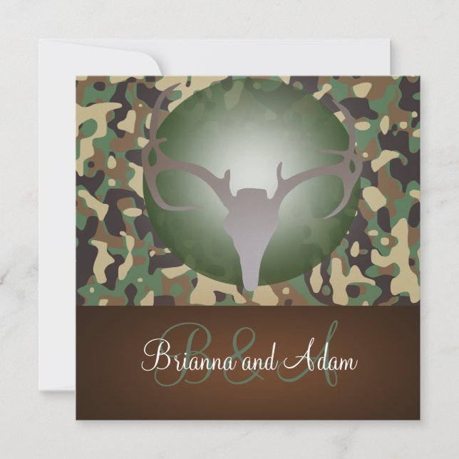 Hunting Theme Antlers and Camo Wedding Invitation (Front)