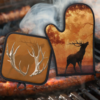 Hunting Themed Antlers Wildlife Oven Mitt & Pot Holder Set