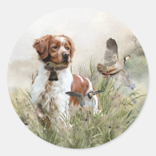 Hunting with a Brittany dog, Art  Classic Round Sticker