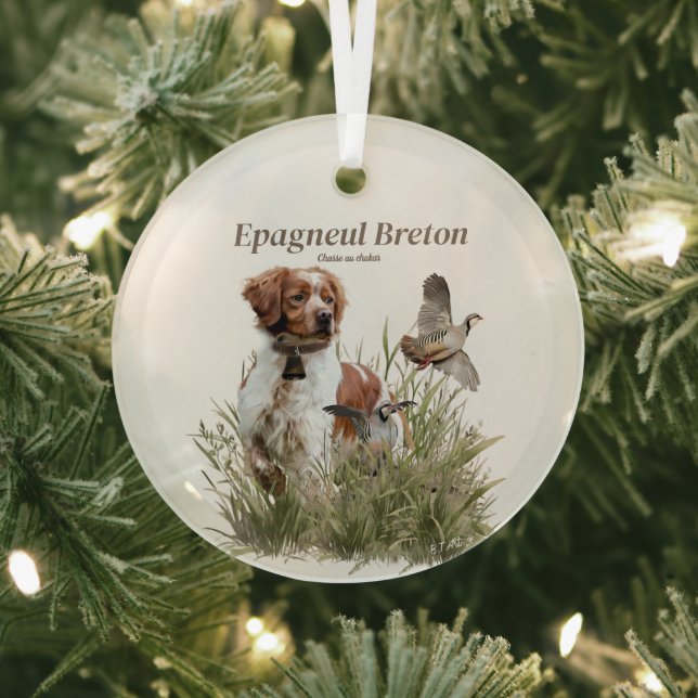 Hunting with a Brittany dog, Art  Glass Tree Decoration (Insitu)