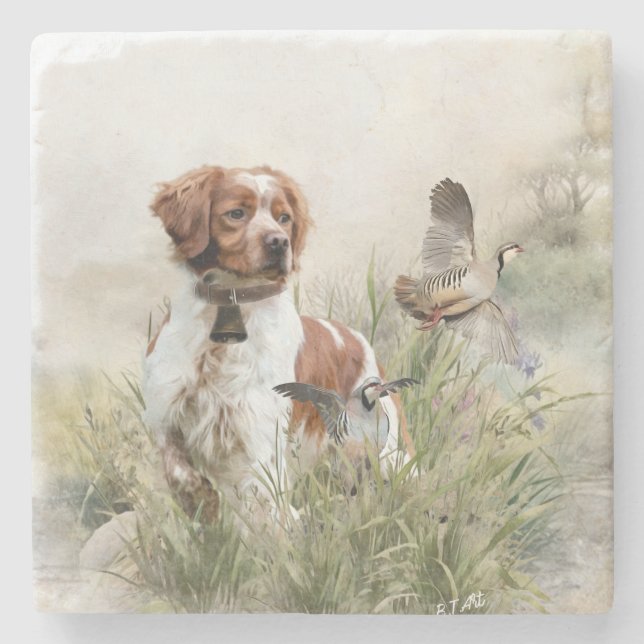 Hunting with a Brittany dog, Art  Stone Coaster (Front)