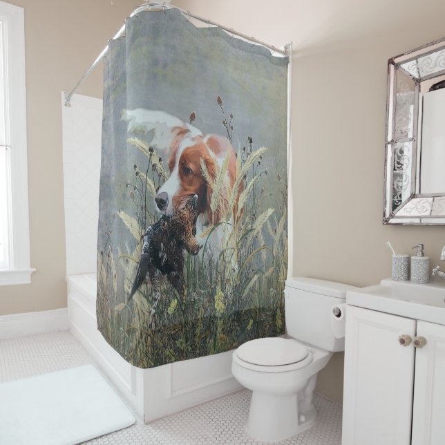 Hunting with Epagneul Breton  Shower Curtain (In Situ)