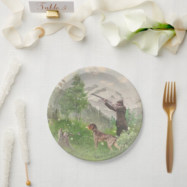 Hunting with German Wirehaired Pointer  Tapestry P Paper Plate (Wedding)