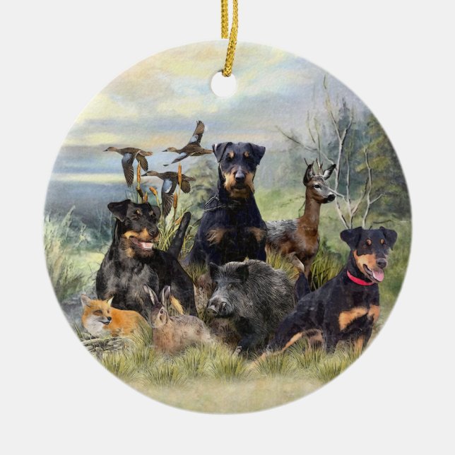 Hunting with Jagdterriers , Art  Ceramic Tree Decoration (Front)