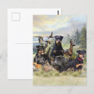 Hunting with Jagdterriers , Art Postcard