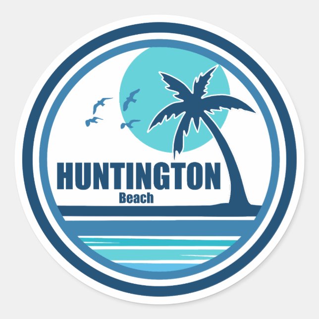Huntington Beach California Palm Tree Birds Classic Round Sticker (Front)