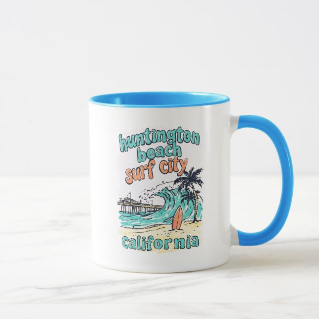 Huntington Beach California Retro Surfer Wave  Mug (Right)