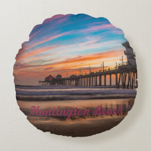 Huntington Beach Pier at sunset Round Cushion