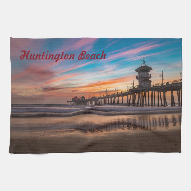 Huntington Beach Pier at sunset Tea Towel (Horizontal)