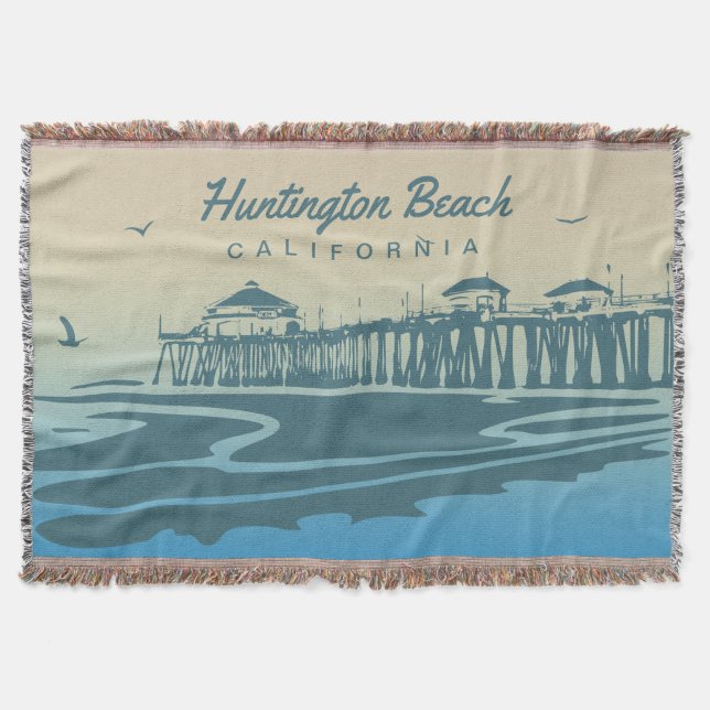 Huntington Beach Pier, CA - Custom Illustration Throw Blanket (Front)