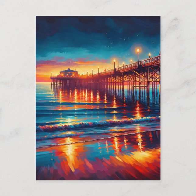 Huntington Beach Pier California Sunset Painting Postcard (Front)