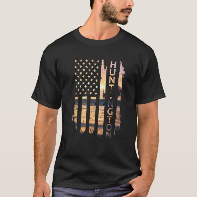Huntington Beach Summer Sunset American Flag T-Shirt (Front)