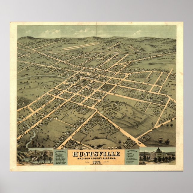 Huntsville Alabama 1871 Antique Panoramic Map Poster (Front)