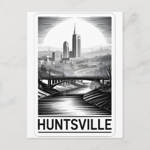 Huntsville Alabama Skyline Black White Woodcut Holiday Postcard