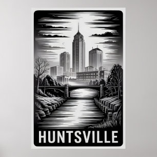Huntsville Alabama Skyline Black White Woodcut Poster