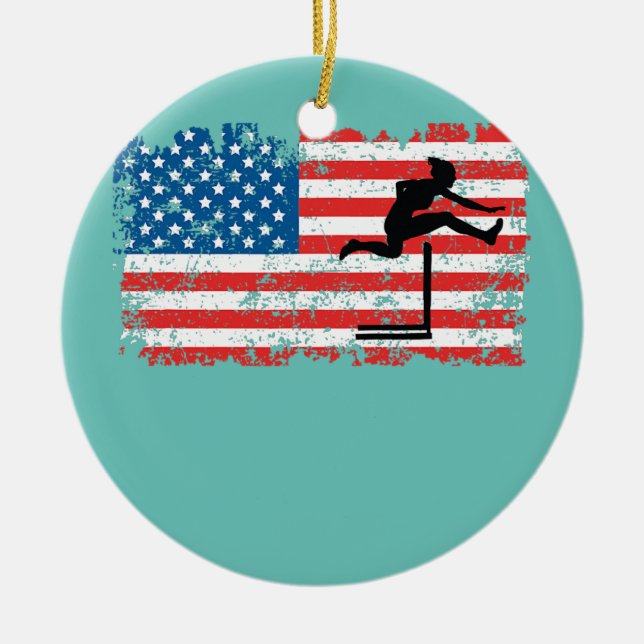 Hurdler Woman Girl Female American Flag Hurdles  Ceramic Tree Decoration (Front)
