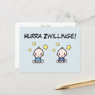 Hurra Zwillinge, Glückwunsch Geburt, 2 Jungs,   Postcard