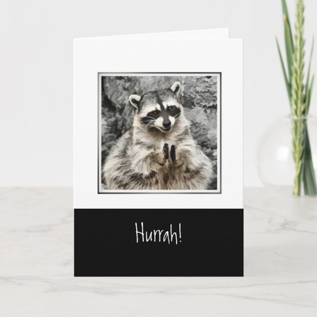Hurrah!  Cute Raccoon Clapping Funny Animal Art Holiday Card (Front)