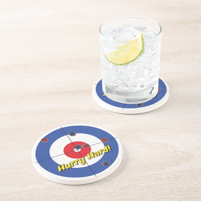 "Hurry Hard!" Sandstone Coaster - (Blue) (Side)