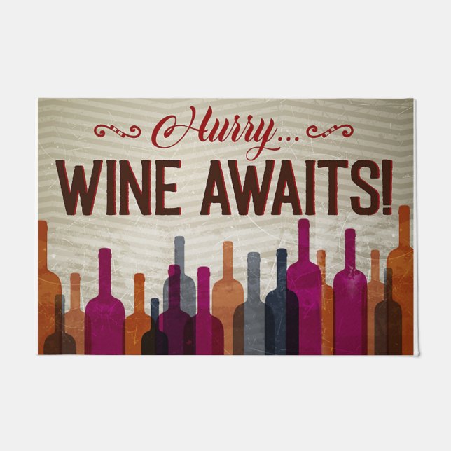 Hurry Wine Awaits Rug, Retro Wine Lovers Doormat (Front)