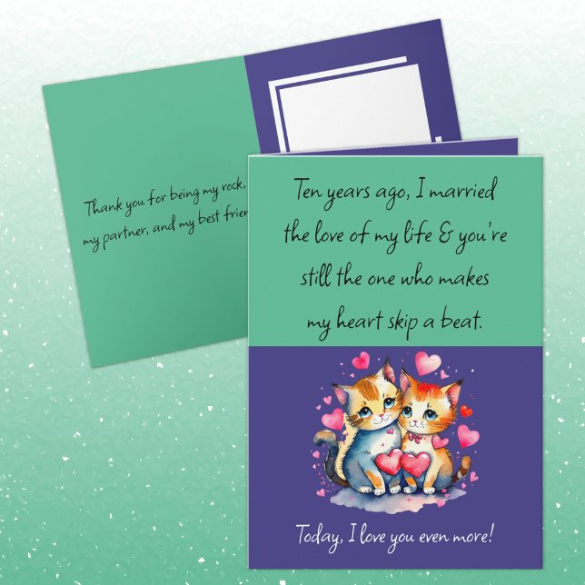 Husband 10th Anniversary cats green purple Card (Creator Uploaded)