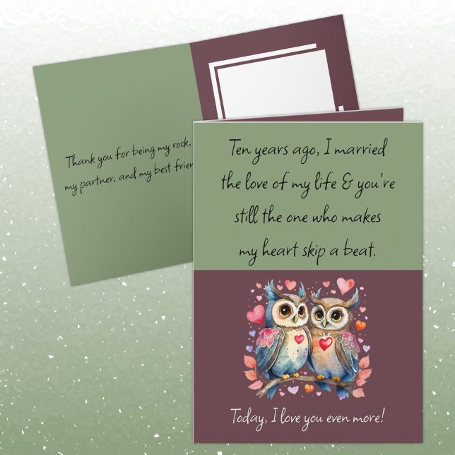 Husband 10th Anniversary owls green burgundy Card (Creator Uploaded)