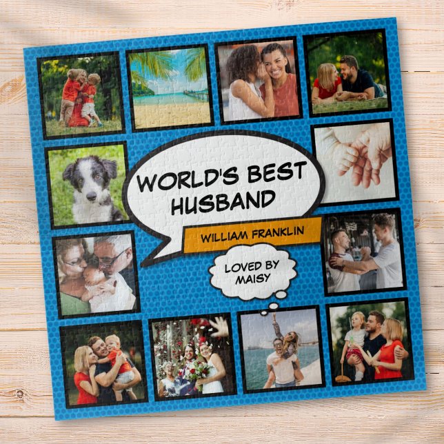 Husband 12 Photo Collage Comic Book Fun Blue Jigsaw Puzzle (Husband 12 Photo Collage Comic Book Fun Blue Jigsaw Puzzle)