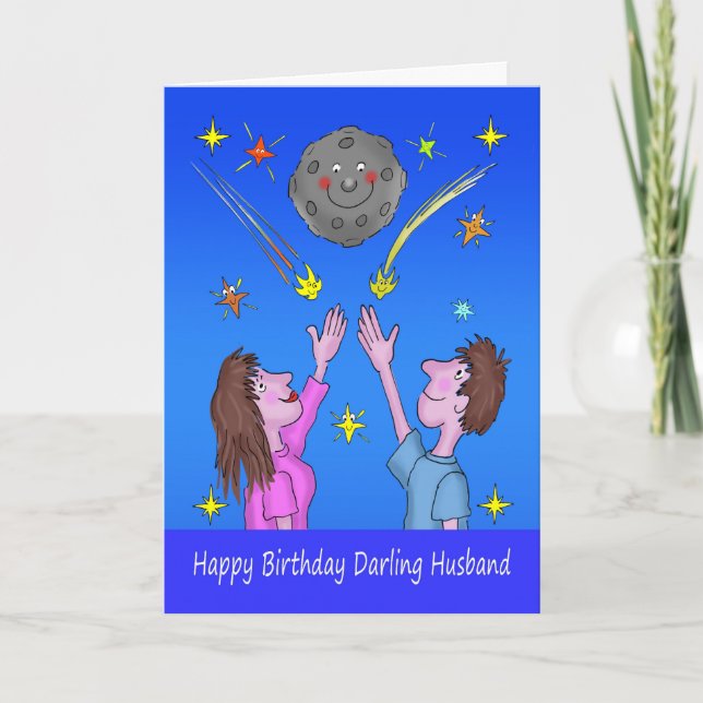 Husband Birthday Cartoon Couple Moon and Stars Card (Front)