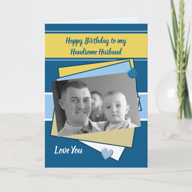Husband blue yellow white Birthday photo greeting Card (Front)
