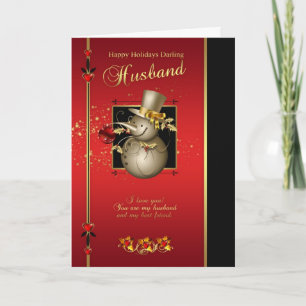 Husband Christmas Card - Gold Effect Snowman - Red