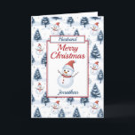 Husband Christmas Snowman<br><div class="desc">A lovely Husband Christmas card. Design pattern features cute snowmen wearing red santa hats and scarfs and blue snow covered fir trees all on a snowy background. All text can be amended as needed to customise then personalise with a name and inside message. A lovely card for a husband, brother,...</div>