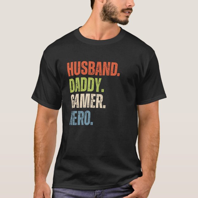 Husband Daddy Gamer Hero Distressed T-Shirt (Front)