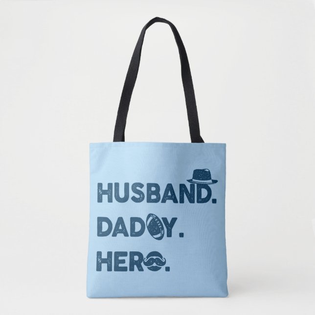 Husband. Daddy. Hero. Retro Graphic Tote Bag (Front)