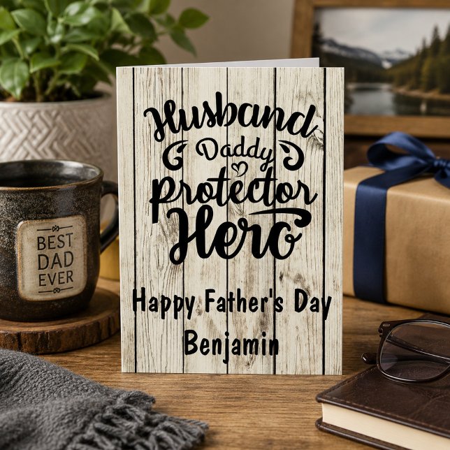Husband Daddy Protector Hero Rustic Wood Father’s  (Creator Uploaded)