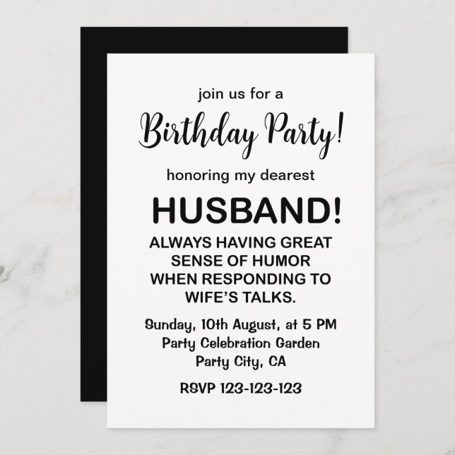 Husband Hubby Quote Funny Husband Birthday Invitation (Front/Back)