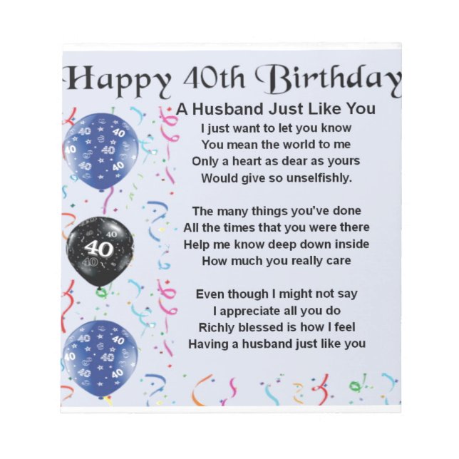 Husband Poem  -  40th Birthday Notepad (Front)