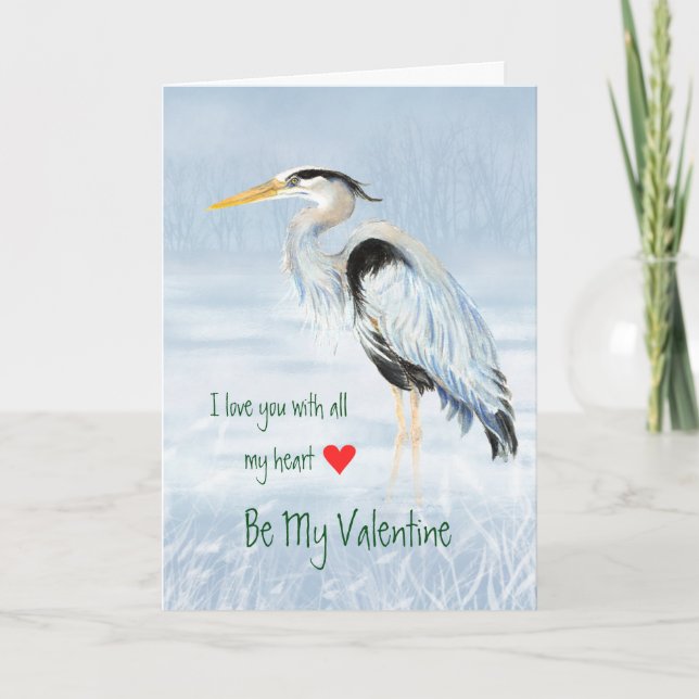 Husband Valentine Love my Heart Great Blue Heron Holiday Card (Front)