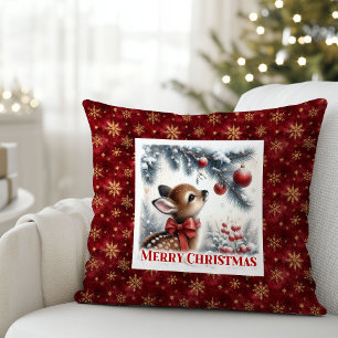 Hushed snowy forest Christmas scene baby deer kids Cushion