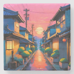 Hushed Streets, Warm Glows on Japanese Street Stone Coaster