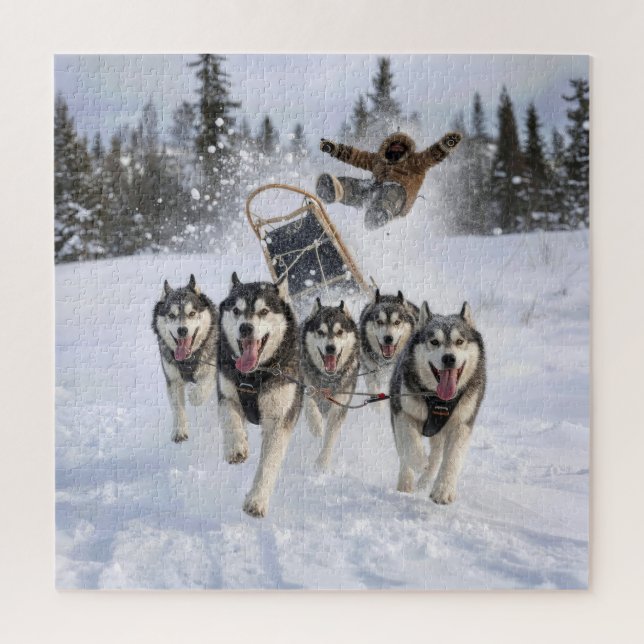 Huskies Out of Control Pulling a Sled Jigsaw Puzzle (Vertical)