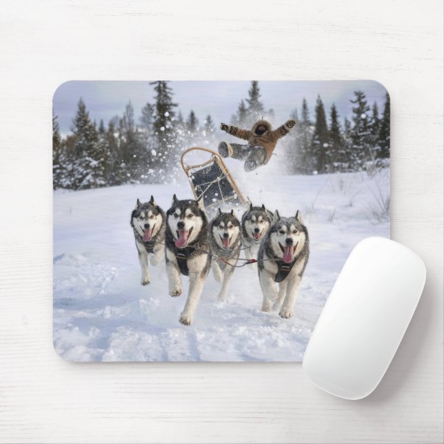 Huskies Out of Control Pulling a Sled Mouse Pad (With Mouse)