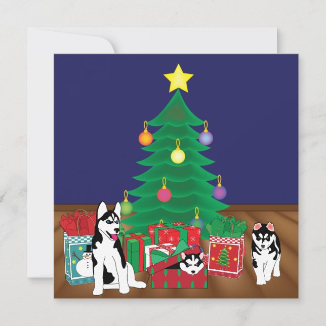 Huskies Playing Under the Christmas Tree Card (Front)